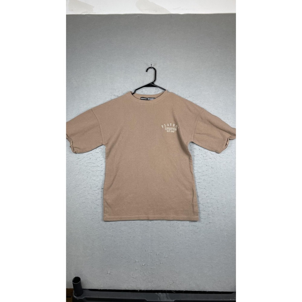 Playboy x Missguided Shirt Womens UK 10 Beige Waffle Knit Embroidered Logo Tee‎